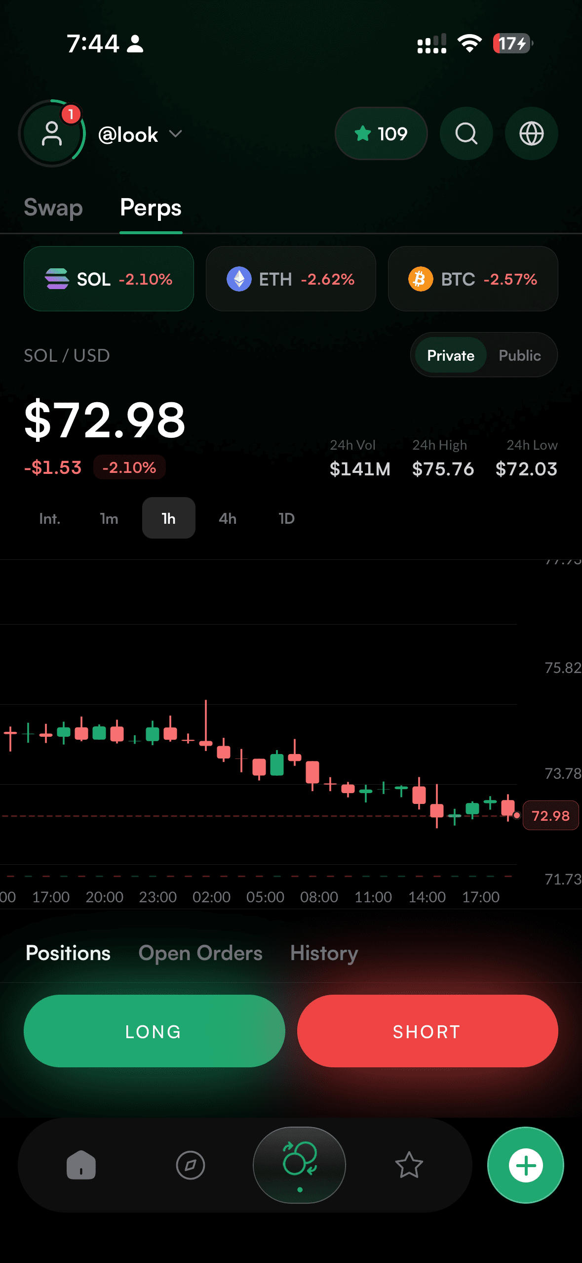 Veilo perps screen: long and short with leverage